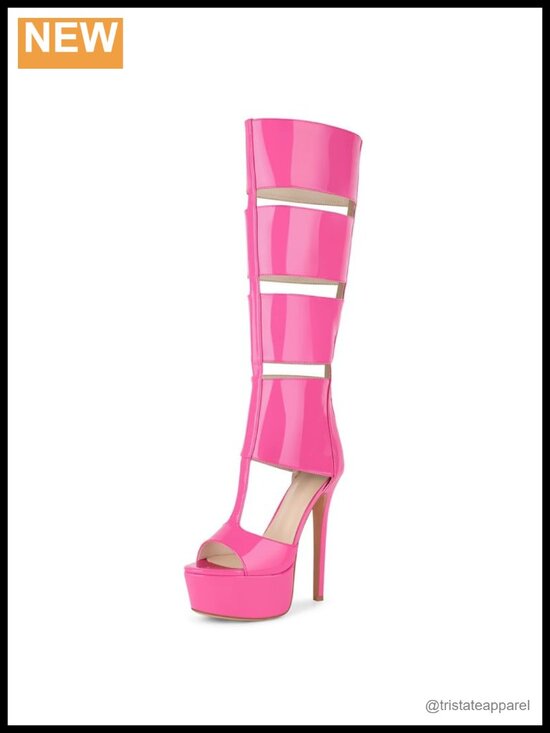 Shoes - Faux Leather Gladiator Knee High Stiletto Heeled Sandals Peep Toe Platform